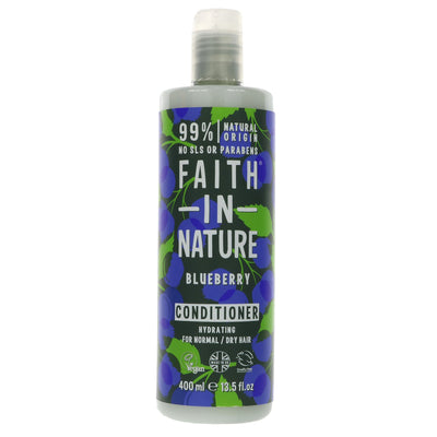 Indulge in sweet, gluten-free and vegan blueberry conditioner by Faith In Nature. Nourishes hair and adds a delicious scent.