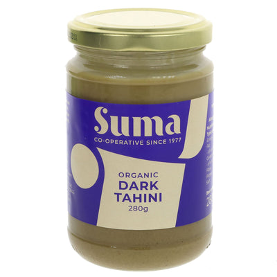 Organic, vegan dark tahini paste made from roasted sesame seeds. Perfect for spreading or cooking. No VAT charged.