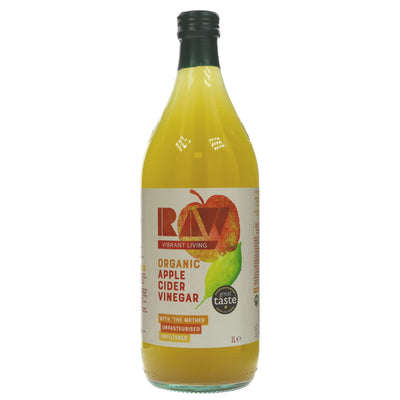 Raw Vibrant Living Organic Apple Cider Vinegar - 1Ltr, vegan & unfiltered, perfect for dressings & tonics.