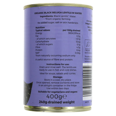 Organic, vegan Black Beluga Lentils - mild, slightly sweet flavor. Perfect for salads, soups, and chillis. High in protein & fiber.