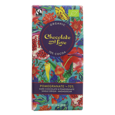 Organic vegan 70% Pomegranate Chocolate by Chocolate And Love - Fairtrade & No Added Sugar. Made with organic cocoa beans from Madagascar.