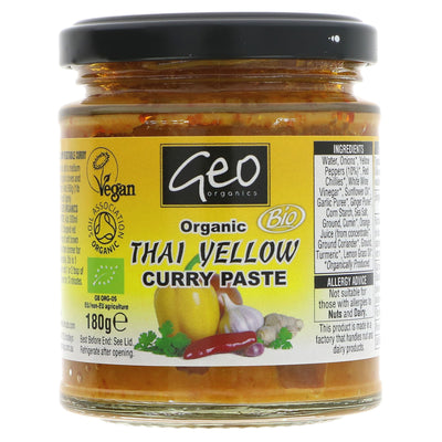 Organic, Vegan Thai Yellow Curry Paste for Flavorful Stir-Fries, Soups, and Curries - Geo Organics, 180g.