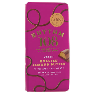 Organic, vegan, and guilt-free! Enjoy Rhythm 108's Roasted Almond Butter Bar with vegan Swiss m'lk chocolate coating. 100G, less sugar, no palm oil.