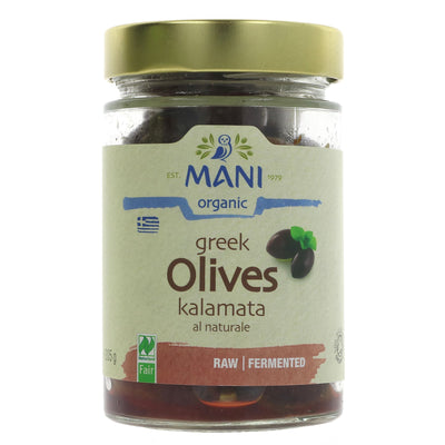 Organic, Vegan Kalamata Olives by Mani - Hand-harvested and naturally cured for 6 months, perfect for snacking or adding to Mediterranean dishes.