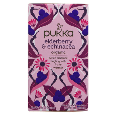 Pukka Elderberry & Echinacea tea: organic, vegan, immune-boosting with elderberry & blackcurrants. Sold by Superfood Market since 2014.