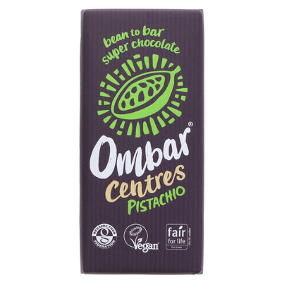 Indulge in Ombar's pistachio-filled chocolate bar - Fairtrade, organic, gluten-free, vegan, and no added sugar.