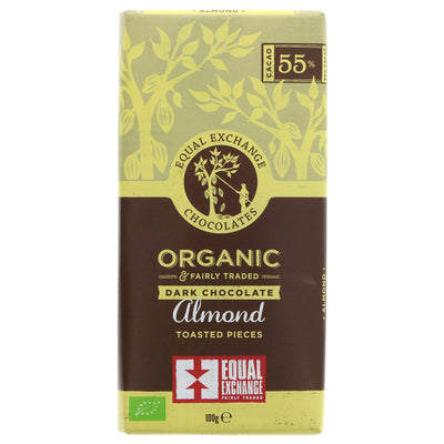 Organic Fairtrade dark chocolate with almonds, no added sugar.