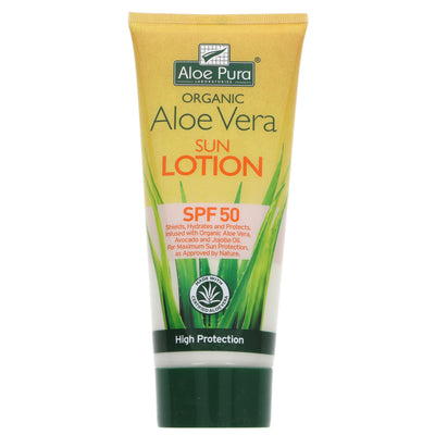 Aloe Pura SPF 50 Sun Lotion with organic Aloe Vera, antioxidants, & more. Perfect for a day in the sun. Vegan.