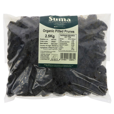 Organic pitted prunes for snacking, baking, or adding to your oatmeal. Vegan. No VAT charged.