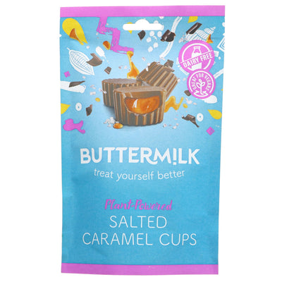 Indulgent salted caramel cups with no added sugar, vegan and made from natural ingredients in recyclable packaging.