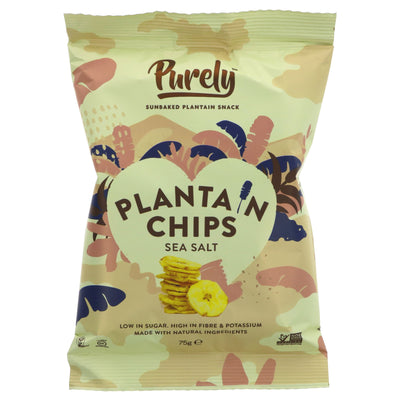 Purely Plantain Chips Sea Salt, gluten-free, vegan, guilt-free indulgence, perfect snack any time.