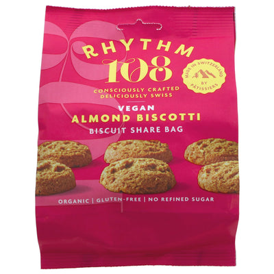 Indulge guilt-free in Rhythm 108's Almond Biscotti: organic, gluten-free, and vegan. Perfect with hot beverages or as dessert.