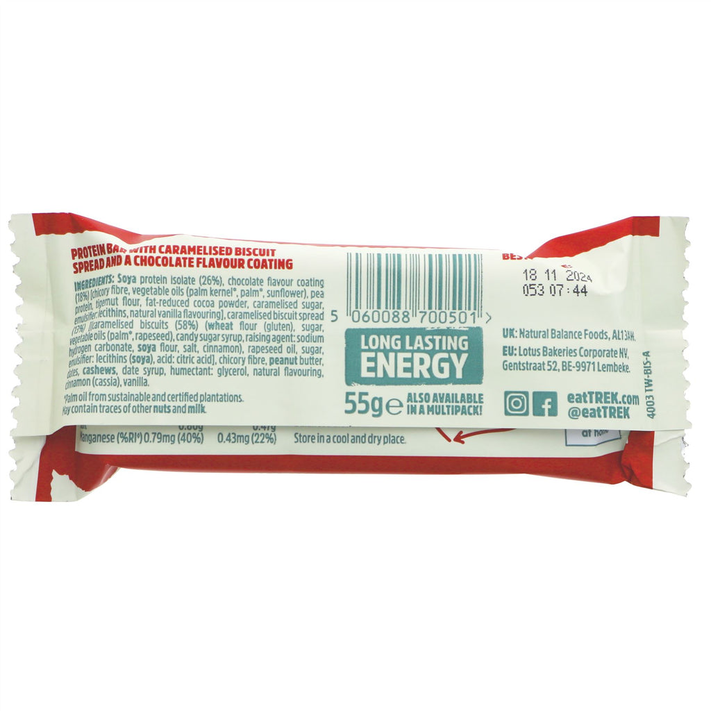 Vegan TREK Biscoff protein bar with a smooth spread filling, chocolate alternative coating, and soya protein crunchies for natural energy.