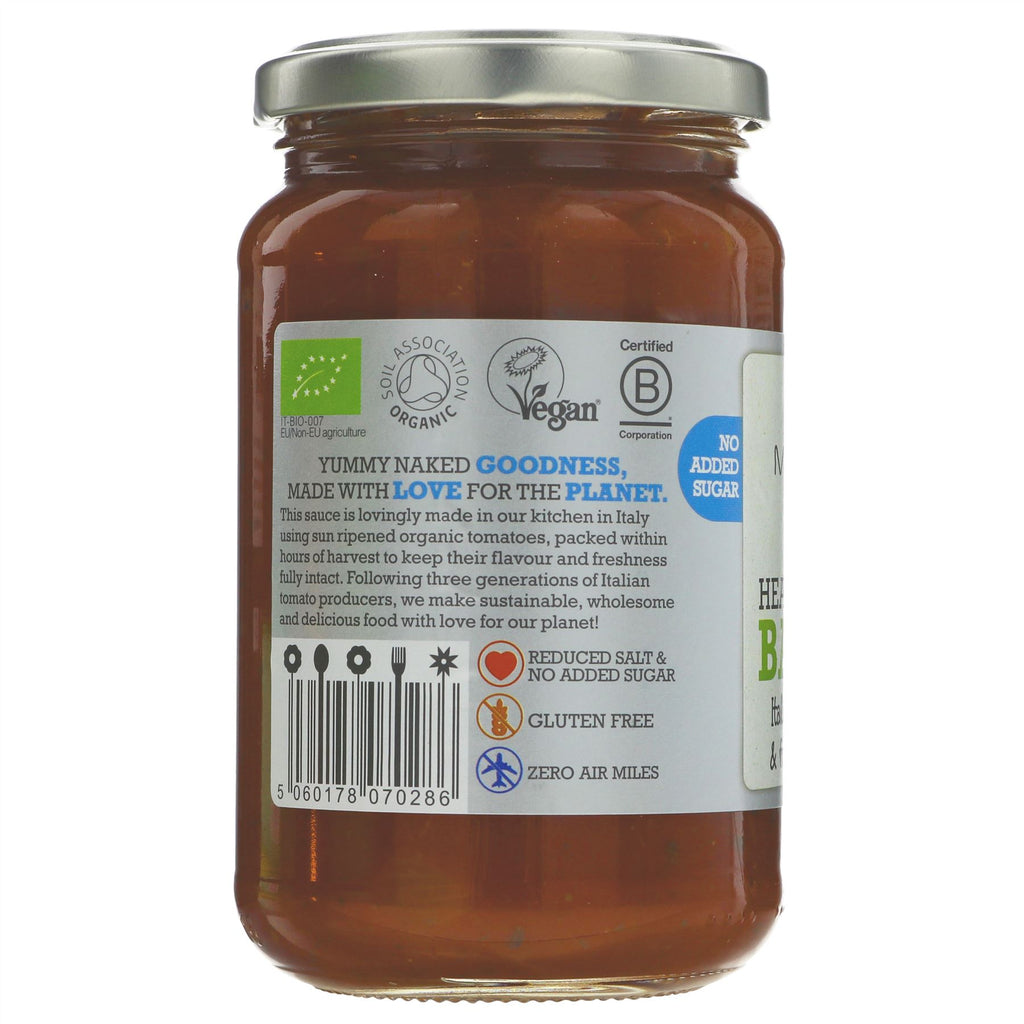 Gluten-free, organic, vegan Basilico Sauce by Mr Organic. Crafted in Italy with sun-ripened tomatoes, fresh basil, less salt, no added sugar.