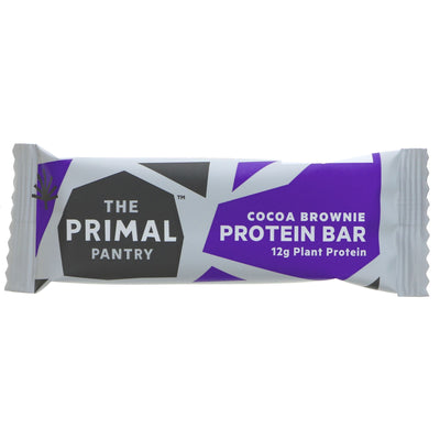 The Primal Pantry Cocoa Brownie Protein Bar: guilt-free snacking with all-natural ingredients and 12g plant-based protein in a vegan and gluten-free bar.