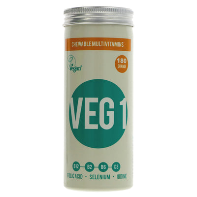 VEG 1 Orange Flavour Multivitamin Chewy Tablets with essential nutrients for vegans and non-vegans. No added sugar. 180 tablets.