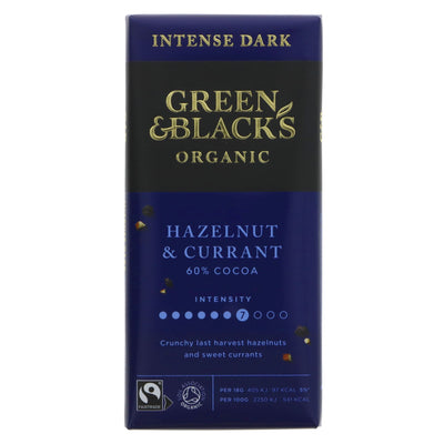 Indulge guilt-free in Green & Black's Dark Choc Hazelnut & Currant bar made with Fairtrade & organic ingredients – no added sugar!