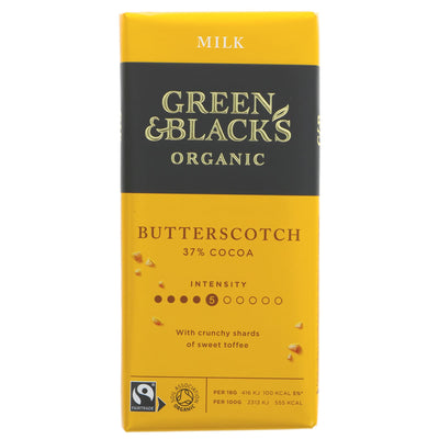 Green & Blacks Milk Choc & Butterscotch bar - Fairtrade, Organic, & No Added Sugar. Perfect for snacking or your fave recipes! 90g.