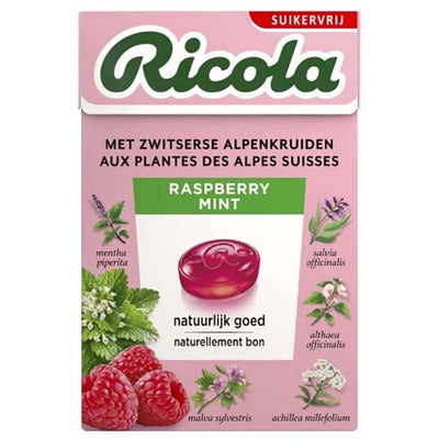 Raspberry Mint - sugar free vegan Ricola with 13 Swiss mountain herbs for a soothingly good taste.