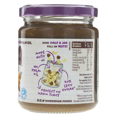 Meridian's Chocca Smooth: guilt-free, vegan, no added sugar chocolate spread with over 50% nuts & cocoa. Perfect on toast or straight from the jar.