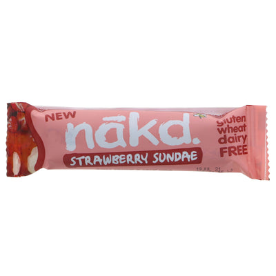 Nakd Strawberry Sundae Bar - sweet, creamy and vegan-friendly, made with real strawberries, dates, raisins, cashews and almonds. Gluten-free and one of your 5-a-day!