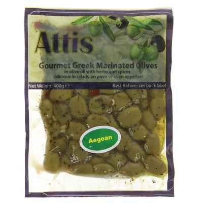 Attis Gourmet Aegean Pitted Green Olives - vegan, made with extra virgin olive oil & herbs. Perfect for salads, pizza toppings, or as an appetizer.