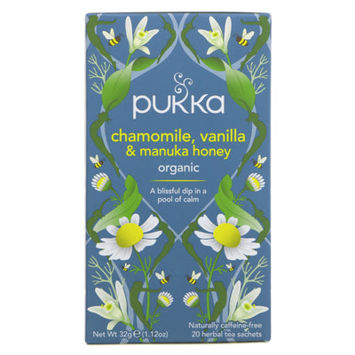 Pukka's Organic Chamomile Vanilla Manuka Hon tea: Chamomile, Fennel, and Licorice blend. Perfect for relaxation. Organic & VAT-free.