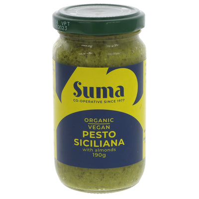 Suma Organic Pesto Siciliano - Vegan, made with basil, almonds & lemon. Perfect for pasta or dip. Organic & VAT-free.