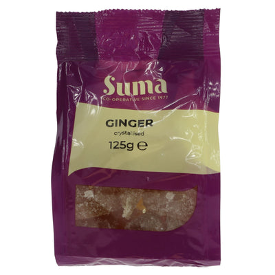 Suma's indulgent and vegan Ginger - Crystallised. No added sugar. Perfect for snacking or adding a unique twist to your recipes. Traces of nut.