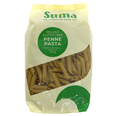 Suma's Brown Rice Penne Pasta - Org: delicious, gluten-free, organic, and vegan! Made in Italy for the perfect texture and flavor.