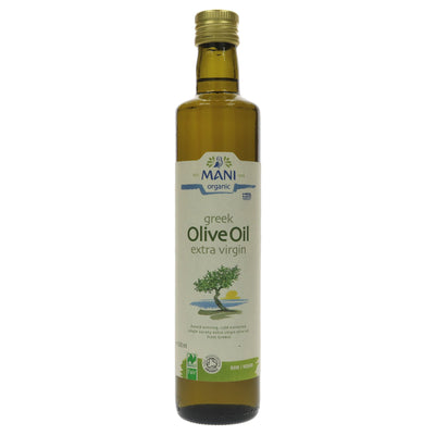 Organic, vegan Mani Extra Virgin Olive Oil made from Koroneiki olives - perfect for salads, dips & dressings.