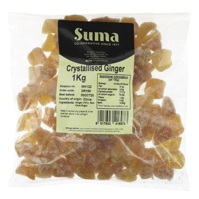 Suma Ginger: 1KG, Vegan, No Added Sugar, Nut-free. Add some zing to your cooking or enjoy as a snack. Crystallised and delicious.