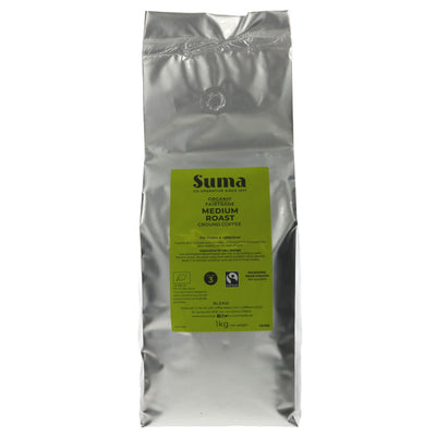 Suma Medium Roast Ground Coffee | Fairtrade, Organic, Vegan | 1KG | Strength 3 | Slow roasted Arabica beans from Brazil, Peru & Honduras