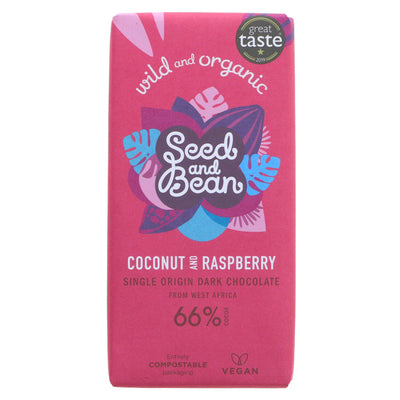 Organic Seed & Bean Company's 66% Dark Raspberry & Coconut Bar: Vegan, No Added Sugar, Fruity Sensation