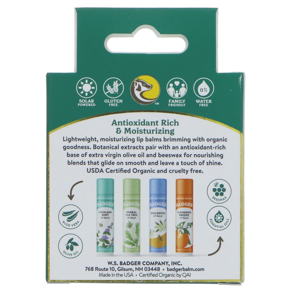 Badger Balm's Organic Lip Balm Sticks in 4 flavors: Ginger, Unscented, Tangerine, and Mint - perfect for soft, smooth lips!