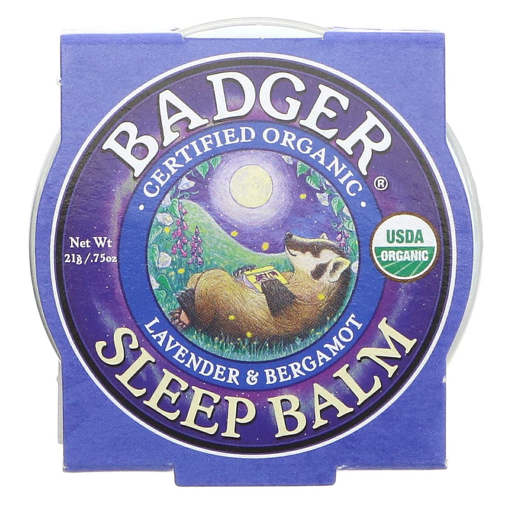 Badger Sleep Balm Mini: Organic blend of lavender, rosemary, bergamot, ginger, and balsam fir to calm thoughts and enhance sleep.