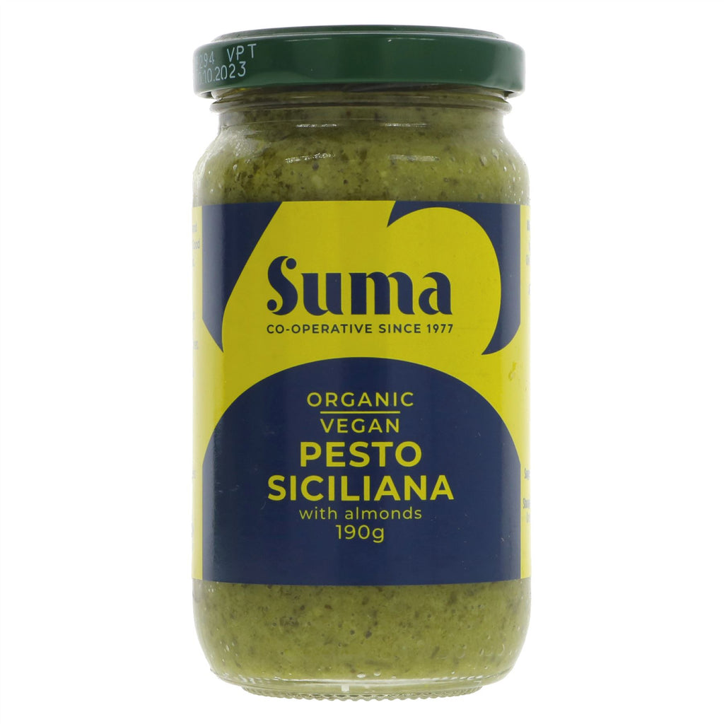 Suma Organic Pesto Siciliano - Vegan, made with basil, almonds & lemon. Perfect for pasta or dip. Organic & VAT-free.