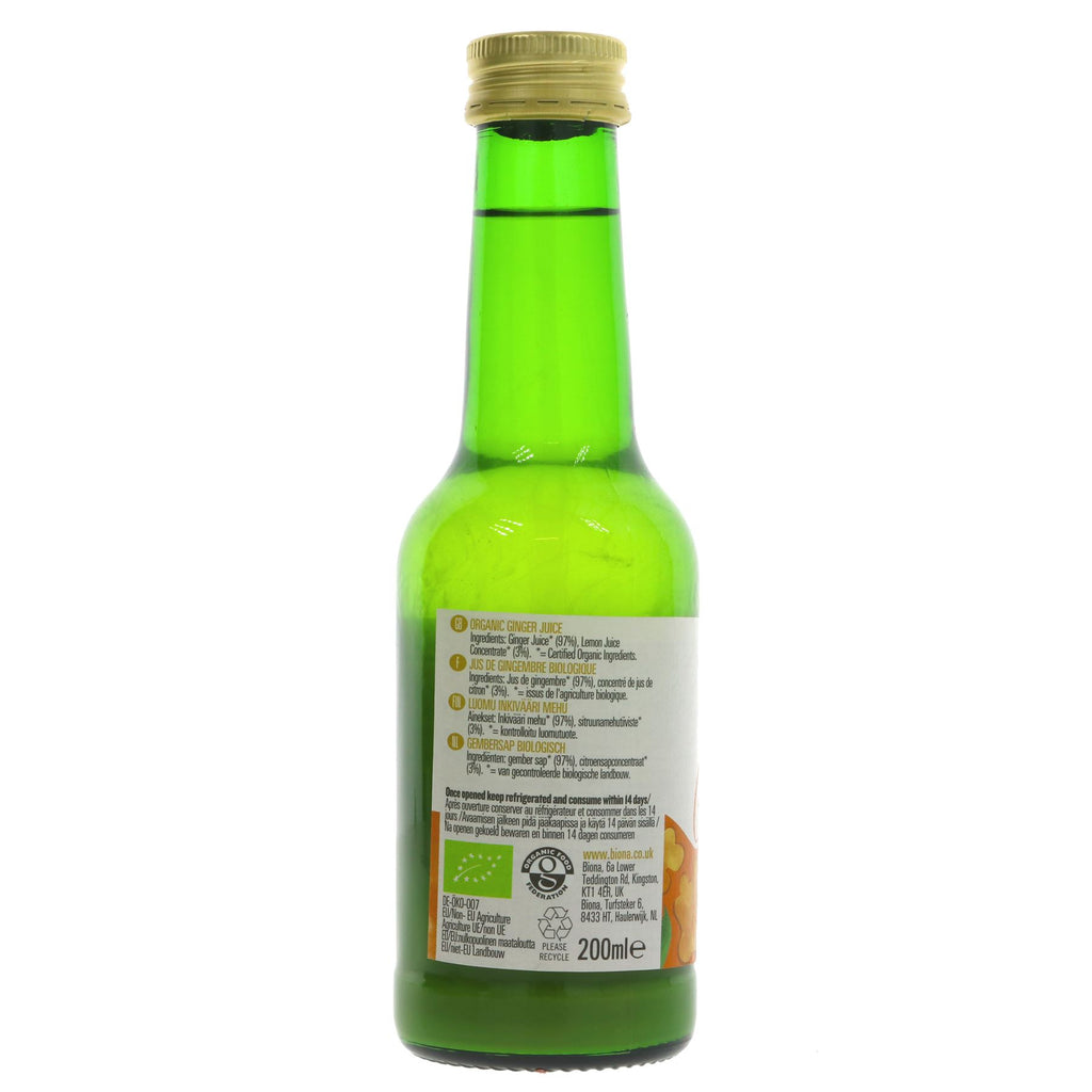 Biona Organic Ginger Juice - 100% natural, no added sugar. Perfect for adding a zesty kick to juices, smoothies, and marinades.