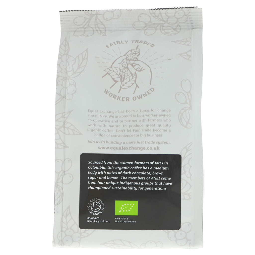 Fairtrade & organic Colombian Excelso with chocolatey almond notes. Sourced from female smallholders, perfect for vegans. 200g.