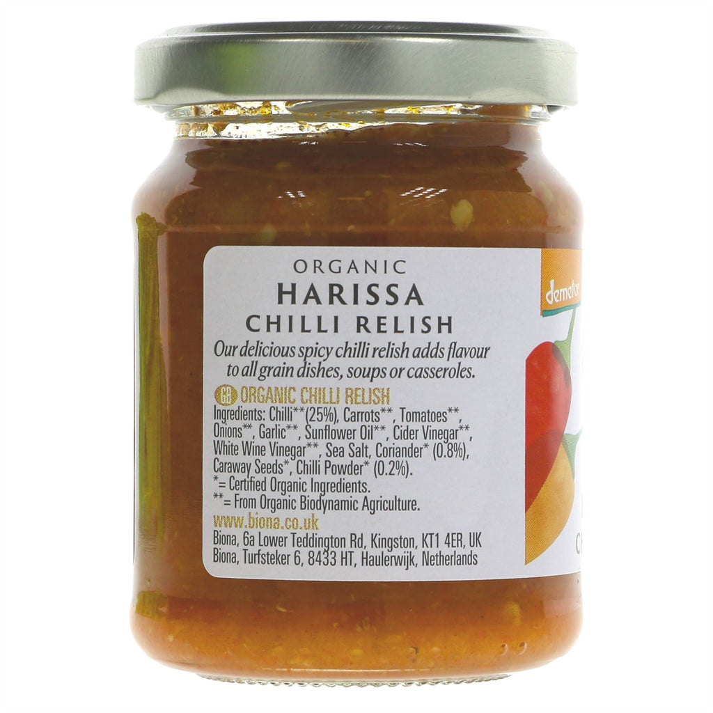 Biona Harissa Relish: Organic & Vegan, perfect for adding a hot kick to your favourite dishes.