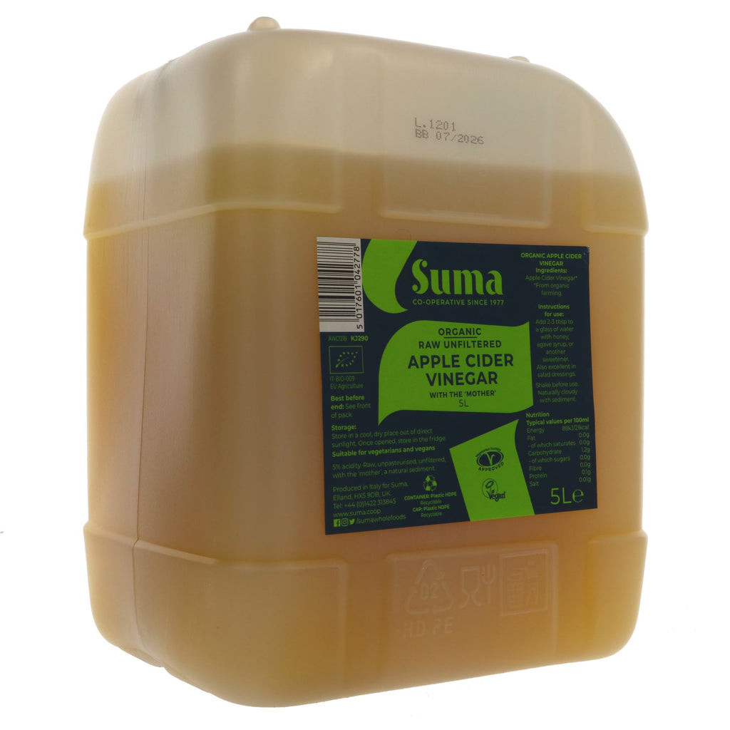 Suma's Organic Raw Apple Cider Vinegar 5l with the "Mother" - Unpasteurised, Unfiltered and Vegan. Promotes healthy gut flora and aids digestion.