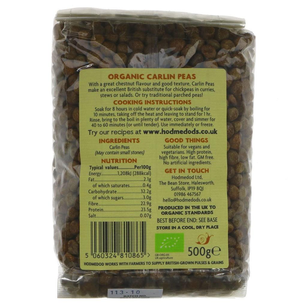 Nutty, firm Carlin Peas Organic - perfect for vegans and organic food lovers. British chickpea substitute, enjoy boiled with vinegar and salt.