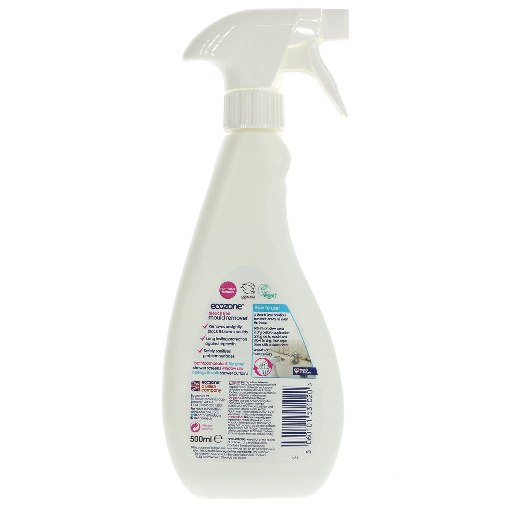 Vegan Mould Remover by Ecozone, bleach-free solution kills black and brown mould with lasting protection. Safe for most surfaces.