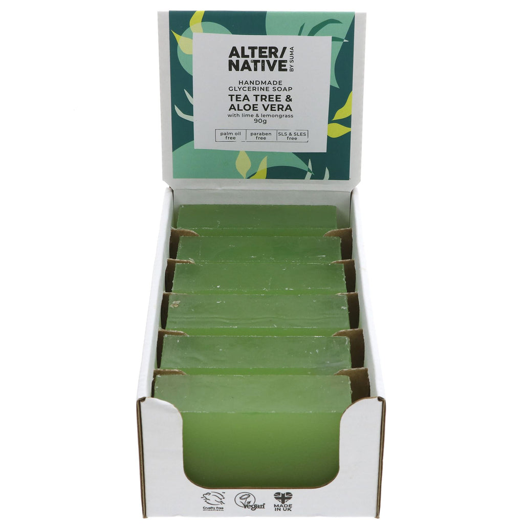 Refresh with Tea Tree & Aloe vegan glycerine soap. Naturally antiseptic & nourishing, it hydrates & invigorates with lemongrass & lime. Alt/ Nat by Suma.