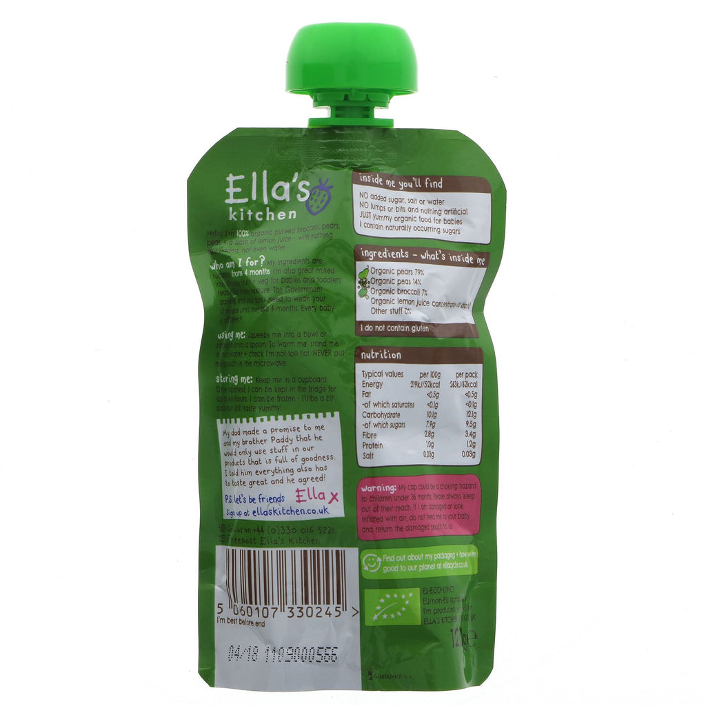 Ella's Kitchen Organic Broccoli, Pear & Peas Pouch - Vegan & Healthy BabyFood (4+ months) - No VAT Charged - Stage 1