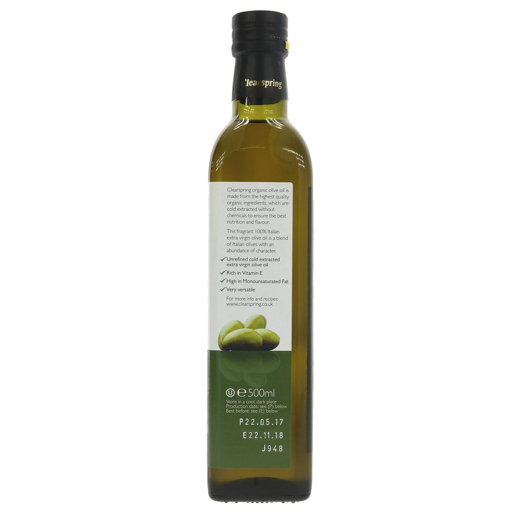 Organic Italian extra virgin olive oil by Clearspring. Perfect for cooking and cold use. Enhance the flavor of your favorite dishes. Vegan.