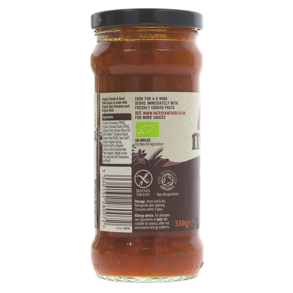 Organic and gluten-free Meridian Tomato & Basil Pasta Sauce. Vegan and classic tomato & basil flavors. VAT-free.