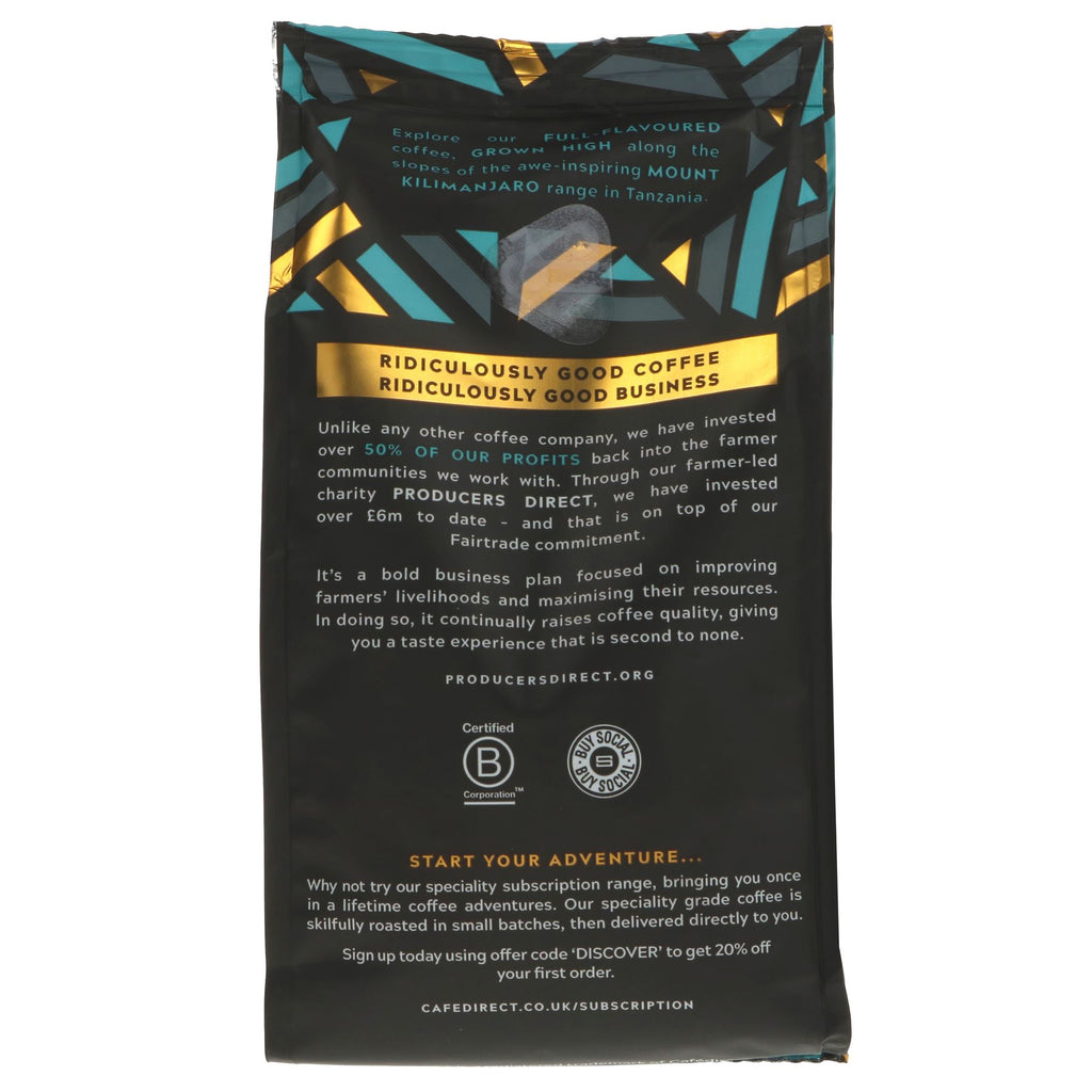 Cafe Direct Kilimanjaro Tanzania Ground coffee - Fairtrade, vegan, bold and complex. Enjoy black or with non-dairy milk.