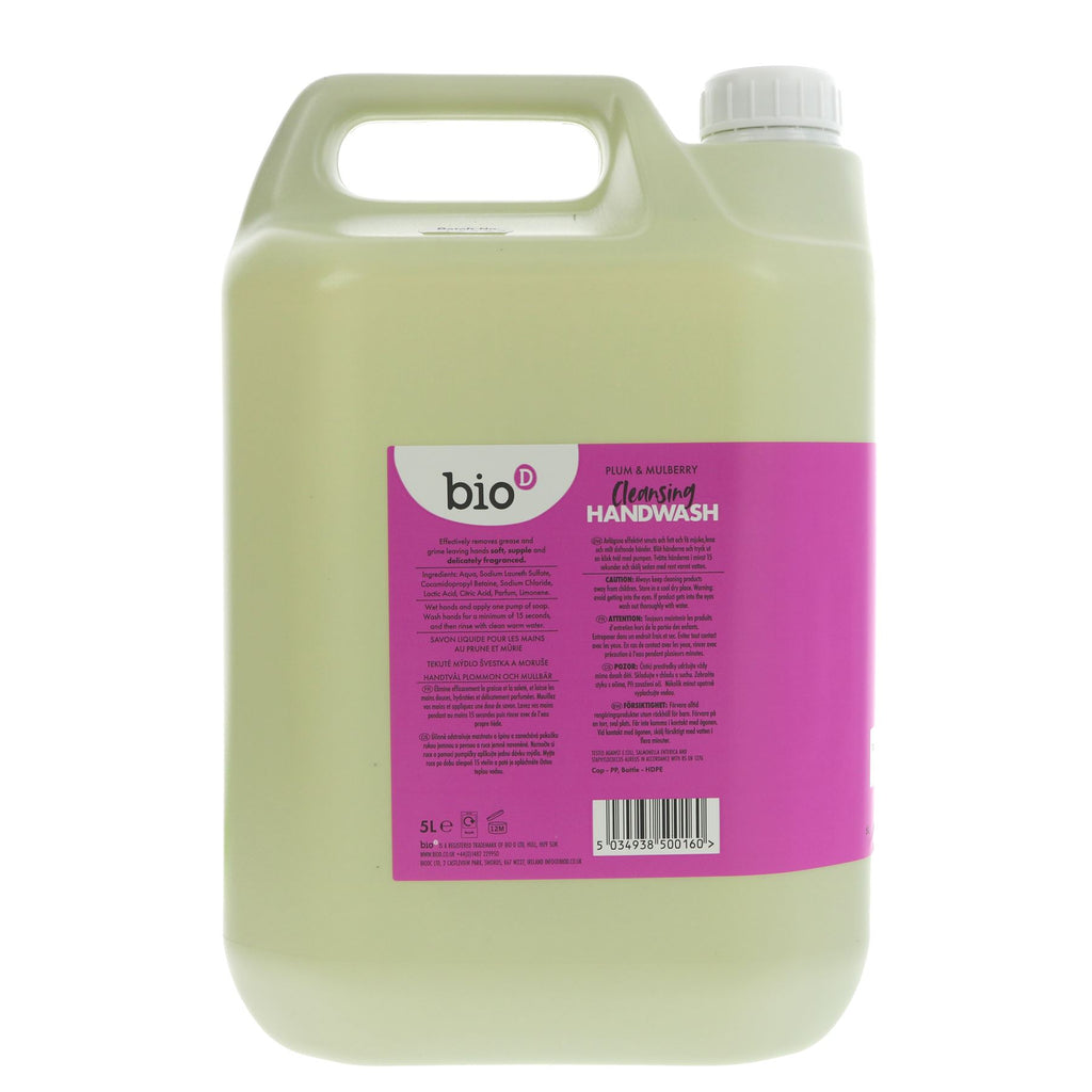 Bio D Vegan Handwash in Plum & Mulberry | 5L | Neutralizes 99.9% of harmful bacteria while being gentle on skin.