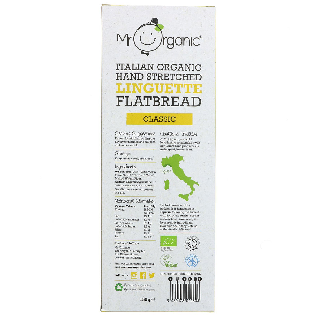 Mr Organic Flatbread Classic - Organic & Vegan, Hand-stretched with Extra Virgin Olive Oil. Perfect for snacking or pairing with dips.